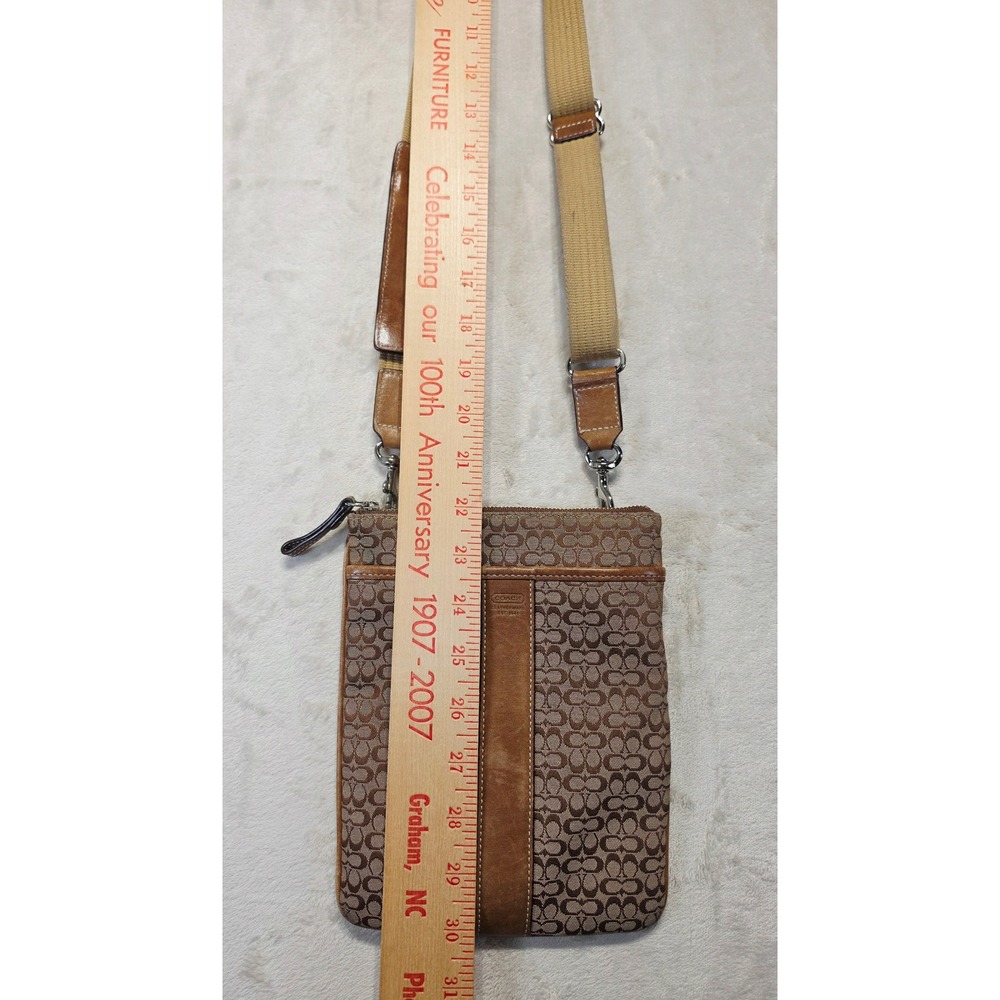 Coach Signature Jacquard Crossbody Bag Tan Leather Trim Slim Messenger Brown - Picture 10 of 12